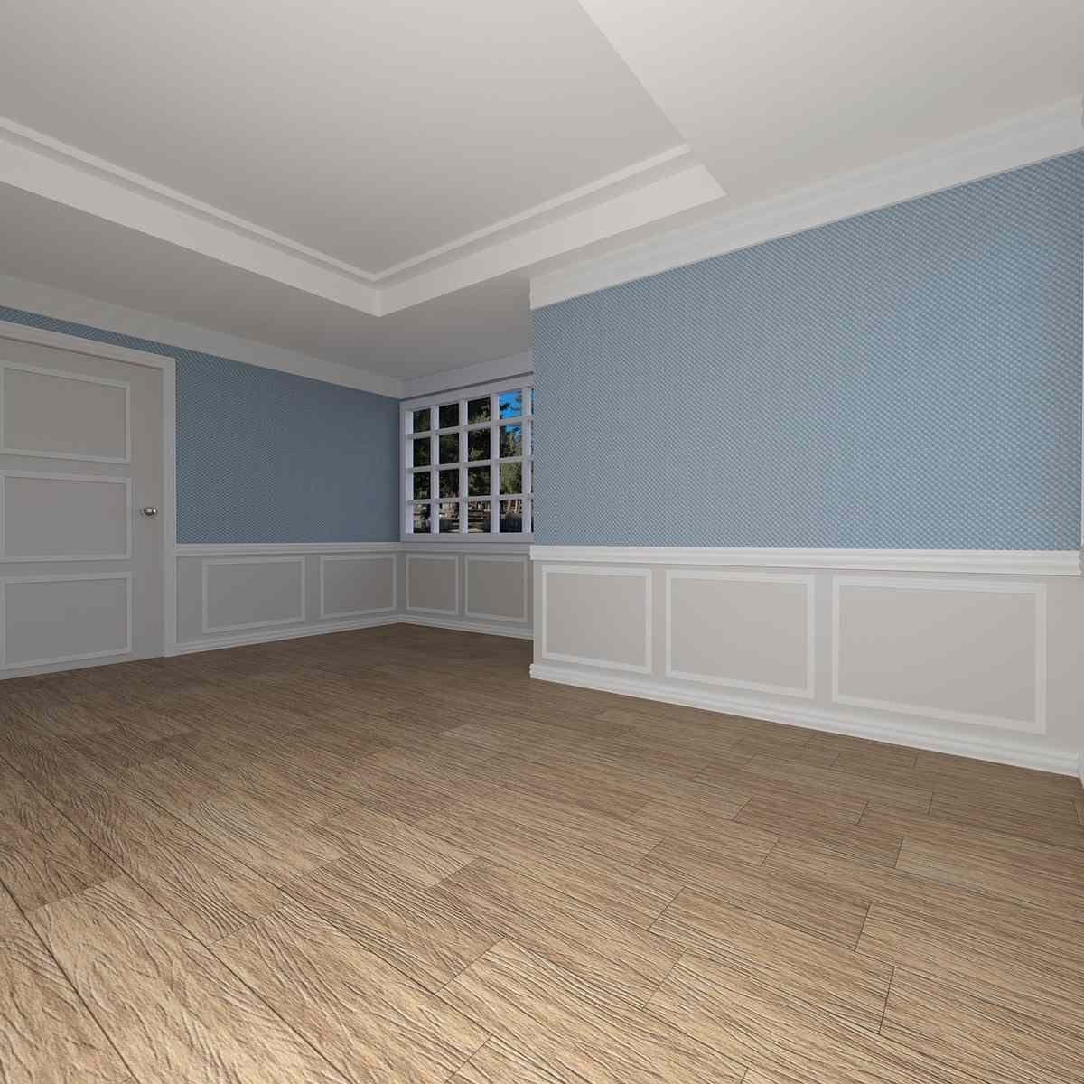 ALT: Salle vide aux murs bleus, plâtre blanc, parquet, porte et fenêtre