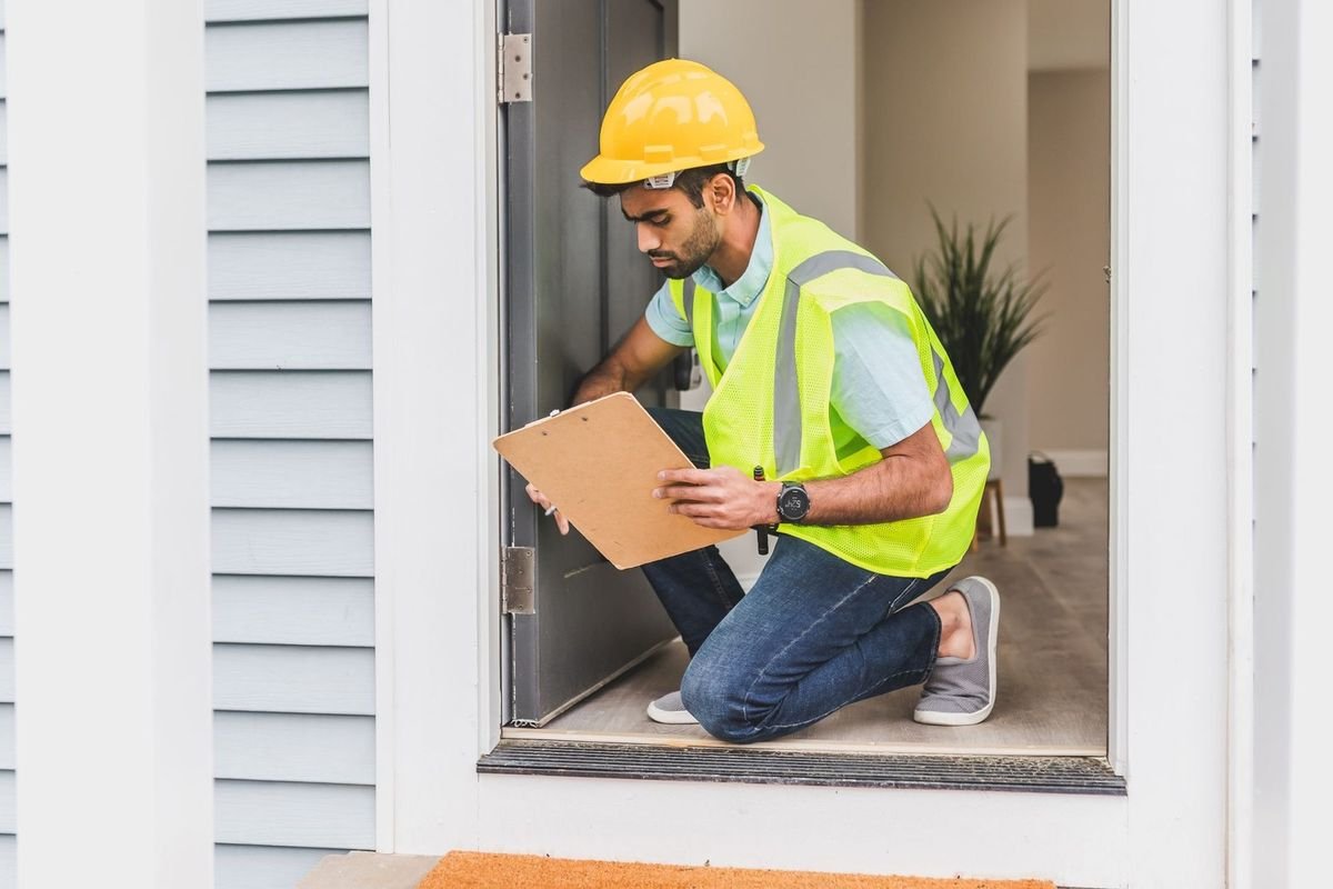 Homme en tenue de travail inspecte une porte avec un clipboard Homme en tenue de travail inspecte une porte avec un clipboard
