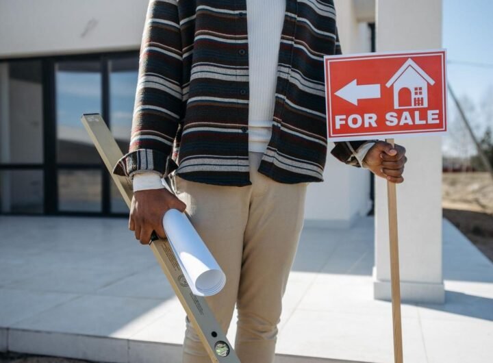 Homme avec planche à niveau et rouleau de papier devant maison, panneau "À vendre" à la main
